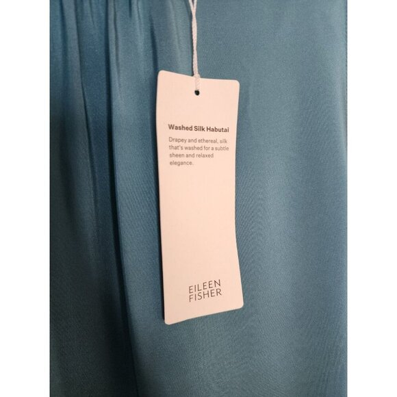 EILEEN FISHER ROUND NECK TIERED DRESS 100% SILK SATIN RIVER BLUE NWT Size Large - Picture 4 of 6